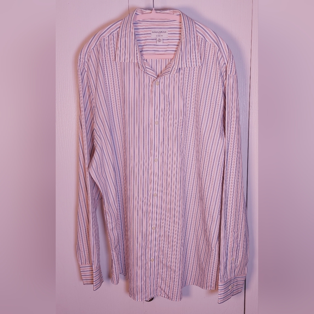 Banana Republic Men's Long-Sleeve Dress Shirt Size XL Stripes Blue White Orange